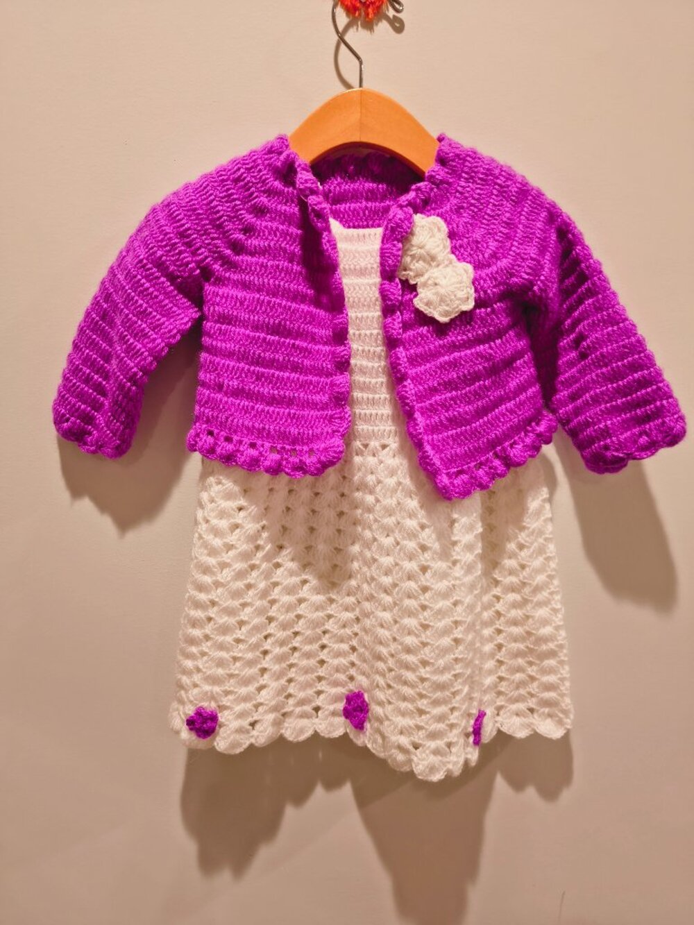 Hand-Crocheted white Baby Dress with Purple Cardigan Set